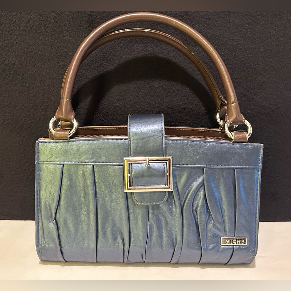 Miche Purse Brown, Inside Pockets, Double Handles With Shimmer Blue Shell